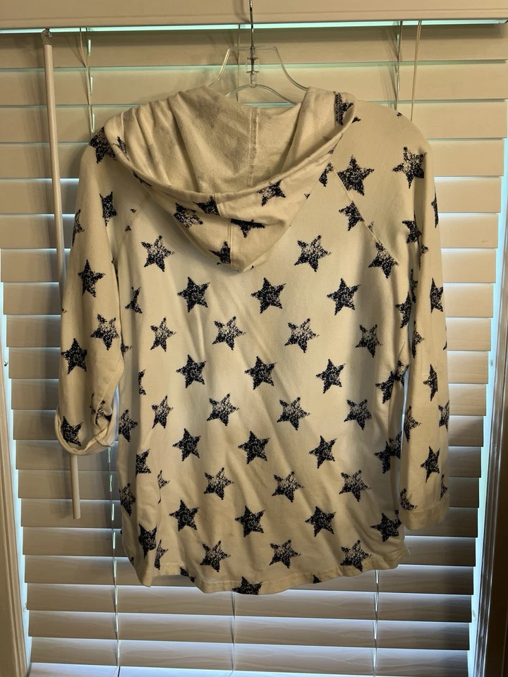 Style & Co Sport Full Zip Hoodie White/Blue Stars Womans S Roll Tab Sleeves - Image 4 of 4