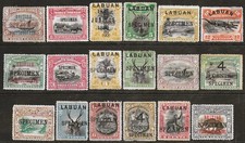 LABUAN & NORTH BORNEO MH/NH/NG Lot de 18 timbres types non vérifiés tous SPÉCIMEN EMBALLAGE D'ORIGINE