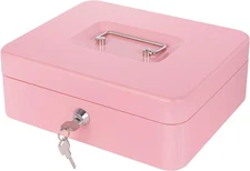 Pink Cash Box with Money Tray and Lock, Metal Key Lock 