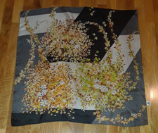 Vtg Triangle Hand Printed Yellow Green Gray Floral 100 Silk Square Scarf 28"