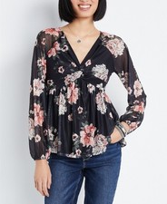 Maurices Blouse Womens M Multi Floral Peasant V Neck Mesh Boho Hippie Top Fairy