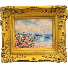 KADLIC Original Oil Painting Wildflowers Seascape Impasto Gold Gilt 15" Frame