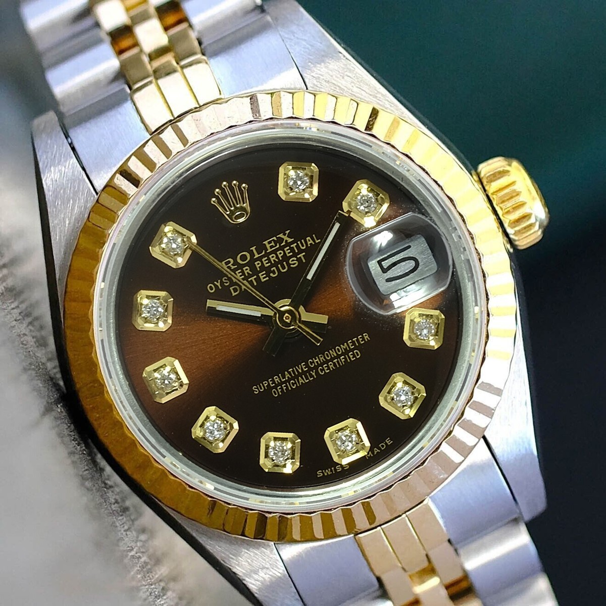 Rolex Datejust 69713 Ladies 18KY & SS Brown Diamond Dial Fluted