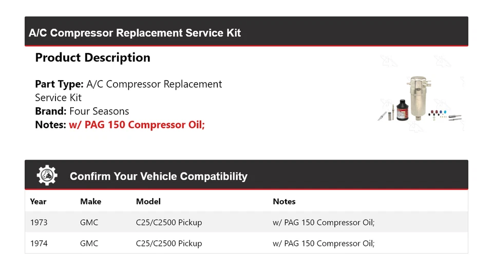 Запасной сервисный комплект для пикапа компрессора переменного тока 1973-74 GMC C25/C2500 4 сезона - Изображение 2 из 4
