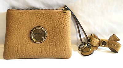 MIMCO-Camel Color Pebble Textured Leather Wristlet Pouch/Purse W/Bow Keychain