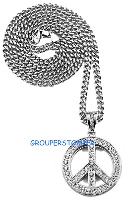 Peace Sign Rhinestone Double Layer Pendant with 24 or 36 Inch Cuban Necklace