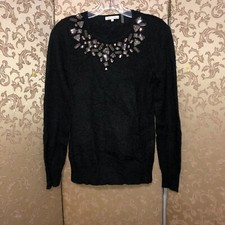 Minnie Rose Charcoal Gray Beaded 100 Cashmere Sweater Size Medium M