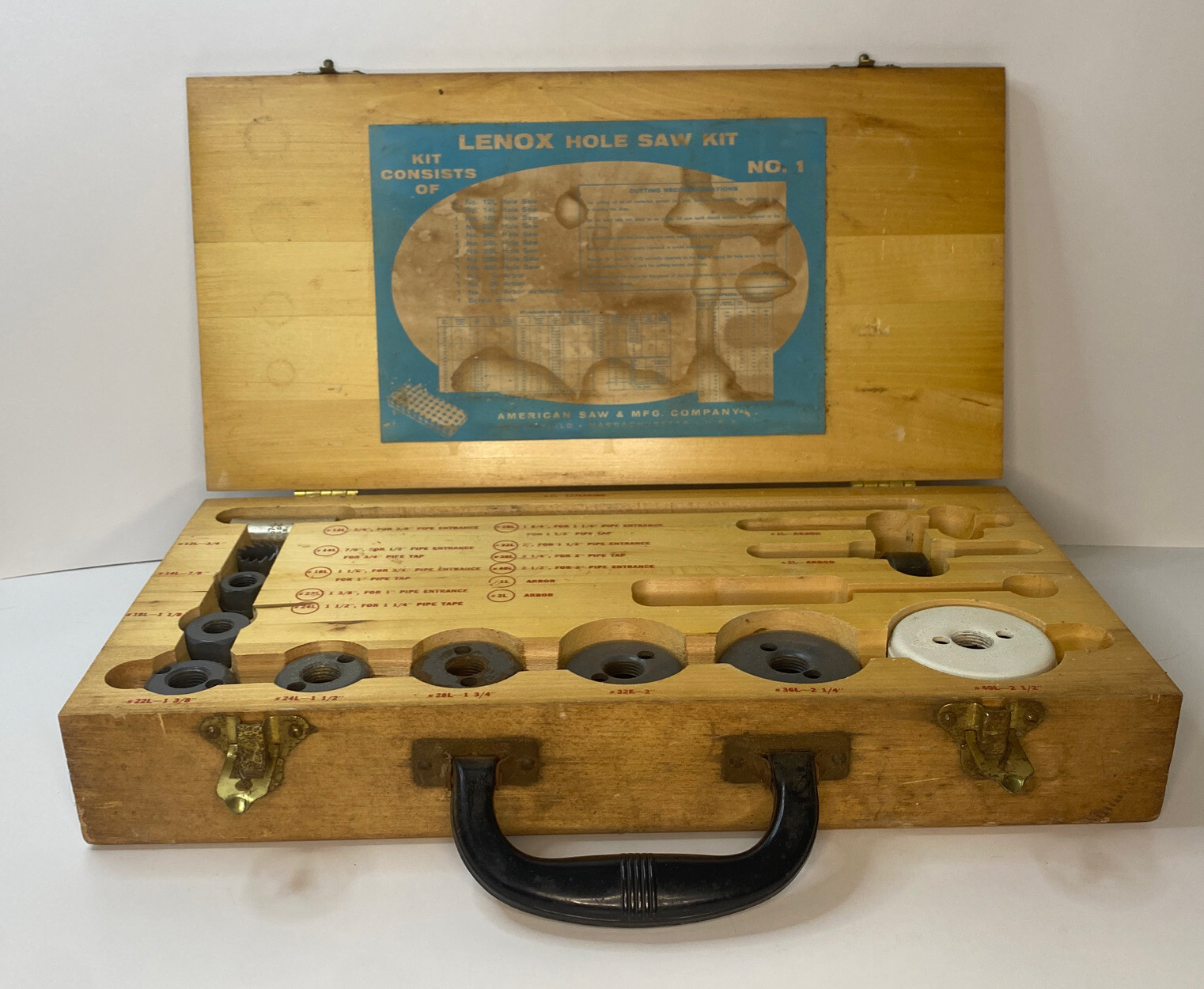 Vintage LENOX 11 Piece Hole Saw Kit for Wood Kit Wooden Box. Original