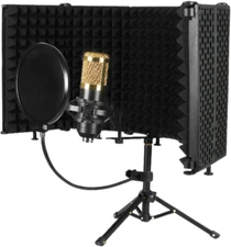 Microphone Isolation Shield, 5 Panel Sound Shield with Pop Filter and Tripod Sta