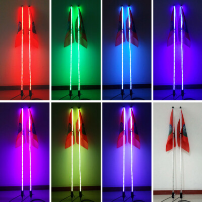 Pair of 3FT Flexible RGB Color Whip Lights For UTV ATV Polaris RZR Bluetooth App