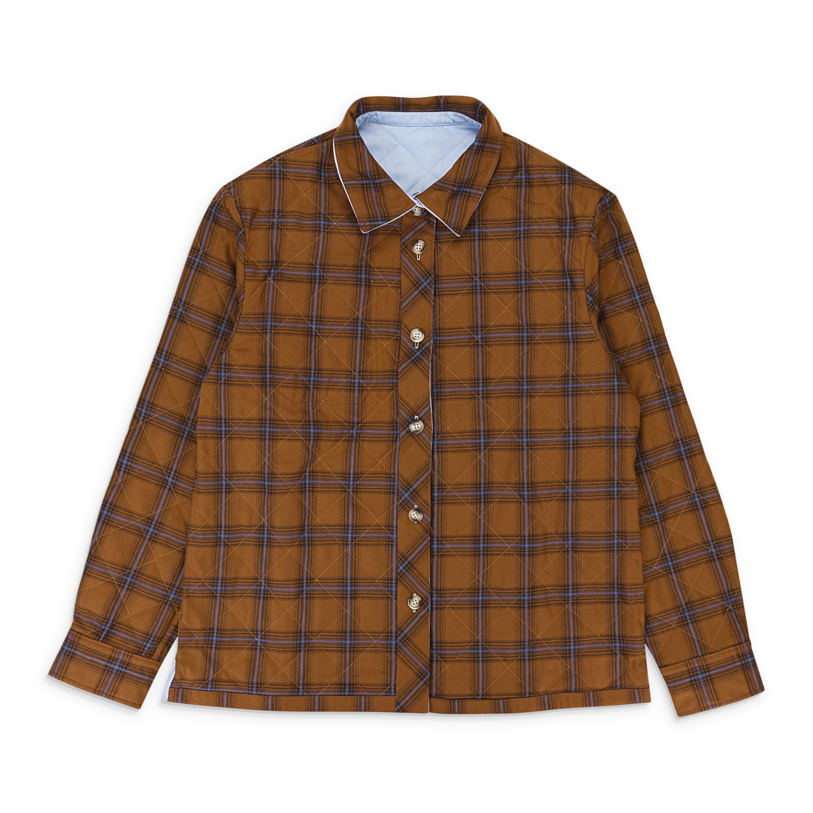 КЛЕТЧАТАЯ СТЕГАНАЯ ДВУСТОРОННЯЯ КОРИЧНЕВО-СИНЯЯ РУБАШКА НА ПУГОВИЦАХ NWT FUNG LAN And CO В КЛЕТКУ XS ЗА 295 ДОЛЛАРОВ