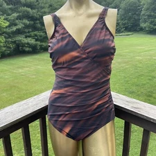 MIRACLESUIT Swimsuit One Piece Tank Shelf Bra Wrap Animal Print Ruching Brown 14