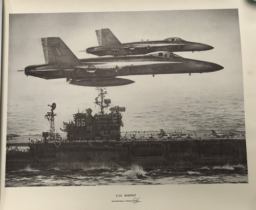 Vintage Print F18 Hornet 16x20" over CV66 Aircraft Carrier McDonnell Douglas