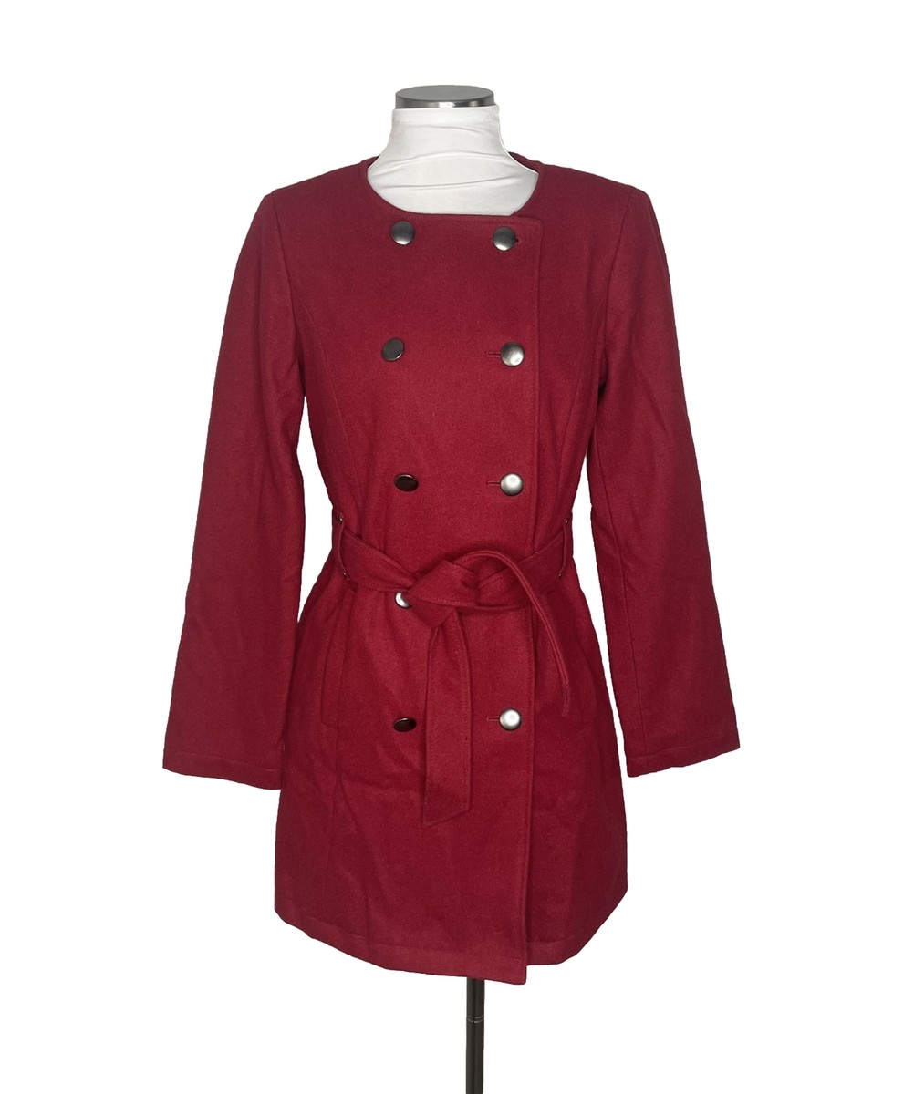 MOSSIMO Womens Sz S Red Double Breasted Wool Blend Belted Mid Length Trench  Coat