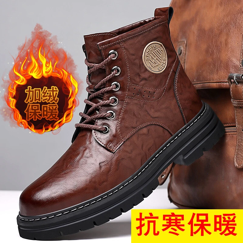 Men s Autumn and Winter High Top Faux Leather Plush Shoes English Riding Boots