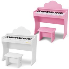 White/Pink 37Keys Kids Piano Keyboards Wood Toddler Toys Music Education w/Stool