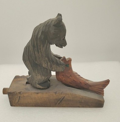 Vtg Mechanical Wooden Bear Catching Fish Toy Push Button Automaton Glass Eyes