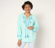 Belle by Kim Gravel Women's Top Sz L Mykonos Mamma Mia Embroidered Blue A688260