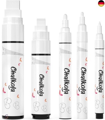 Chalkola Kreidestifte - Weiß 5 Kreide Markers Multipack - 1mm, 3mm, 6mm, 10mm,