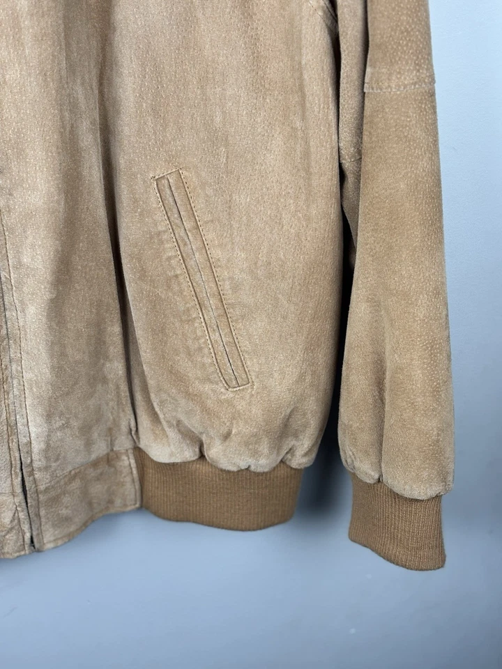 Boston Harbour Bomber Jacket Camel Leather Suede Band Collar Zip Pockets XL FLAW - Image 4 of 4
