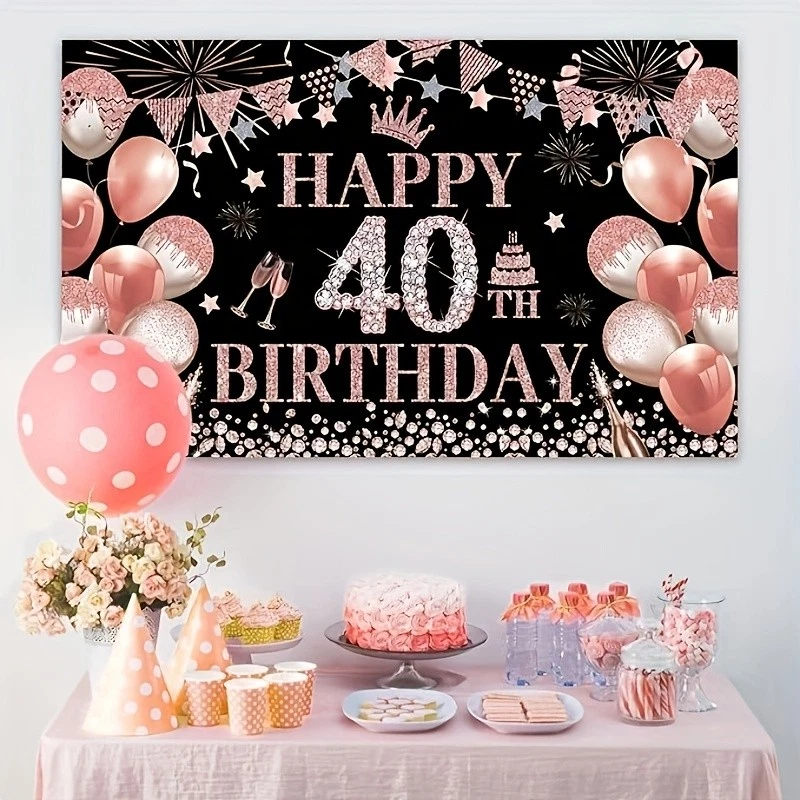 40th Rose Gold Birthday Party Backdrop Rose Gold Glitter Balloons Happy Birthday - Image 3 of 4