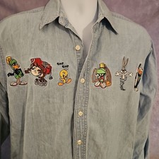 Vintage 90s Warner Bros Looney Tunes Long Sleeve Denim Shirt Size S