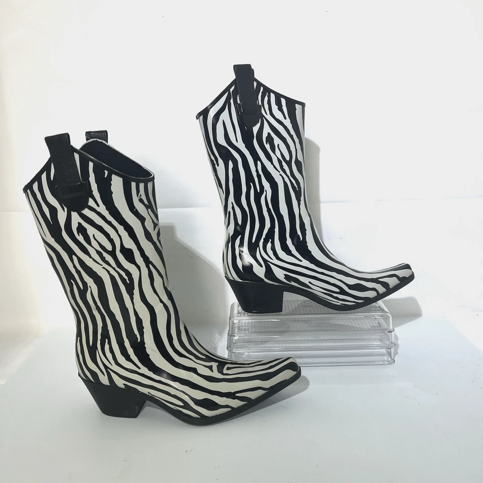 Women's 9M Zebra Print Rain Boots Y2K Vintage Heeled Western Cowboy - Image 3 of 4