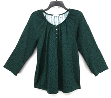 Notations Blouse Women Size PXL Green Animal Spot 3/4 Roll Tab Sleeve Round Neck