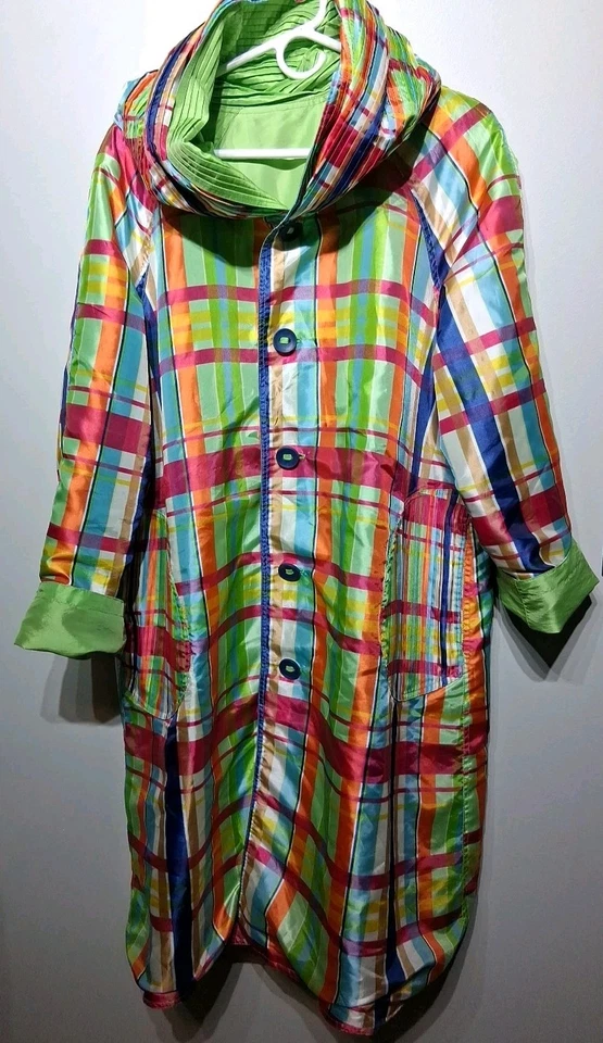 De Colección Ubu Impermeable Reversible Multicolor A Cuadros/Verde Sólido Plisado Capucha Botones XL Foto 2 de 4