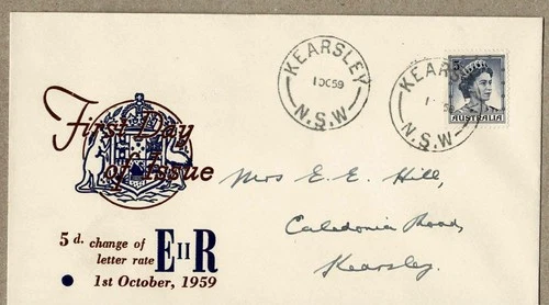Australia 1959 Royal EiiR 5d Brown on Blue  FDC Cover NSW Postmark KEARSLEY