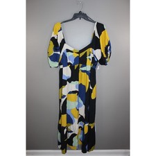 Nine West Abstract Midi Dress Womens 1X Multi Color Great Puff Sleeve Smocked