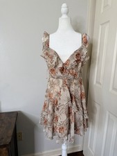 Windsor Floral Mini Dress Juniors L Pink Tan Backless Ruffle V Neck NWT
