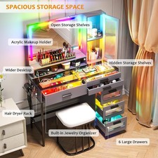 Vanity Desk with Mirror RGB LED Lights Glass Top 6 Drawers Wireless/USB/Type C