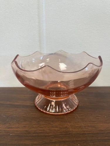 Pink Depression Glass Pedestal Etched Glass Bowl with Scalloped Rim