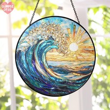 Sea Wave Stained Glass Suncatcher, Ocean Suncatcher Window Hanging, Blue Wave