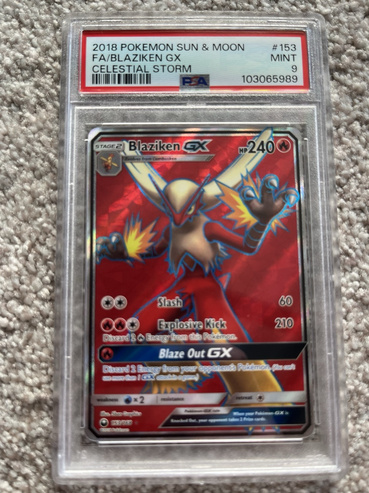 2018 POKEMON SUN & MOON FA/BLAZIKEN GX CELESTIAL STORM PSA 9