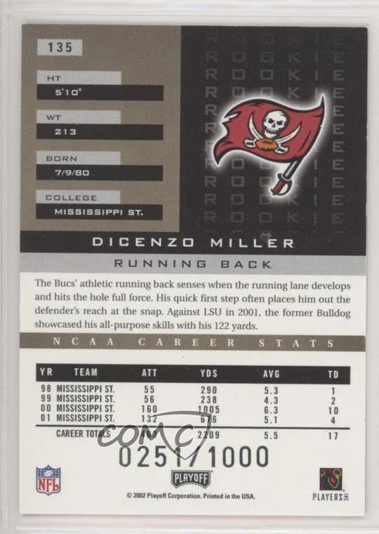 2002 Playoff Honors Rookie /1000 Dicenzo Miller #135 Rookie RC - Image 2 of 2