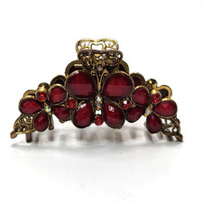 Butterflies Hair Claw Clip Ruby Red Faceted Rhinestones Ornate Filigree