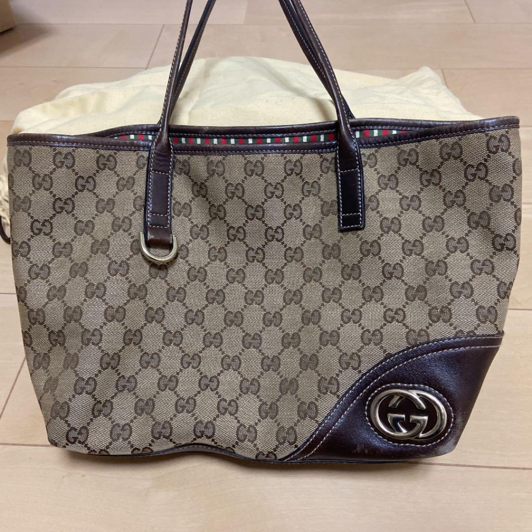 GUCCI Tote Bag Women's Damier Canvas Used Authentic with Serial Number