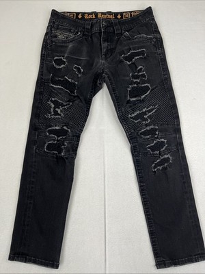 Rock Revival Zinfandel Bikers Men's Jeans Embroidered Distressed Black 31x27
