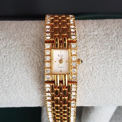 Kenneth Jay Lane KJL Watch Gold Tone Bracelet Double Row Crystal Accents  Running