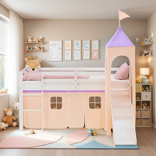 Hochbett 90x200 mit Lattenrost Matratze Rutsche Vorhang Turm Peach Homestyle4u - Bild 6 von 10