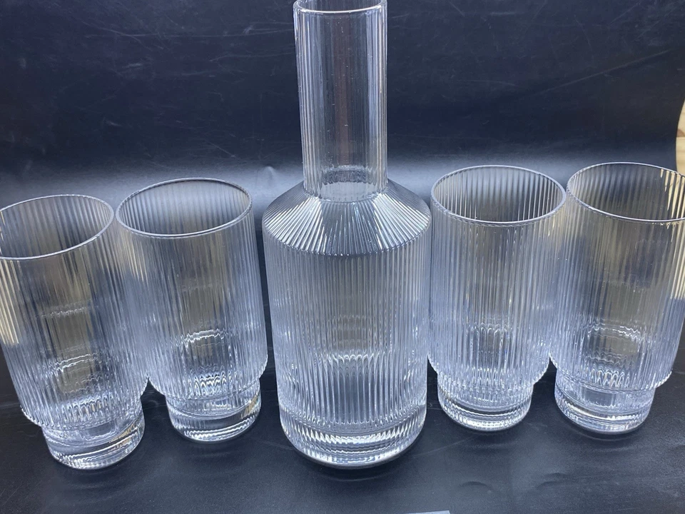 Highball Drinking Set Glasses Vintage Art Deco Ribbed Crystal Decanter Wine Bar - Image 2 of 4