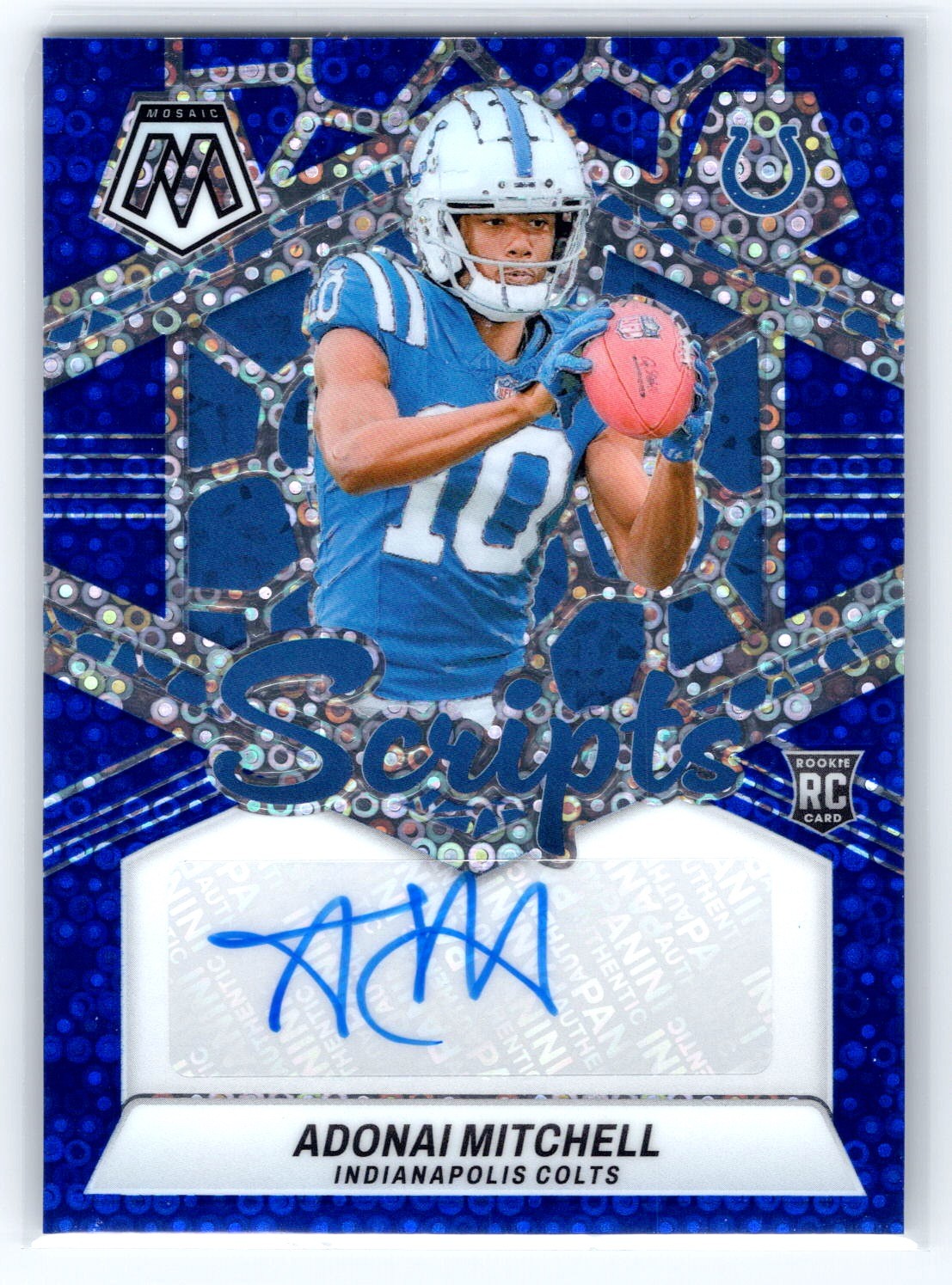 Adonai Mitchell 2024 Mosaic No Huddle Rookie Scripts Blue Auto! Colts