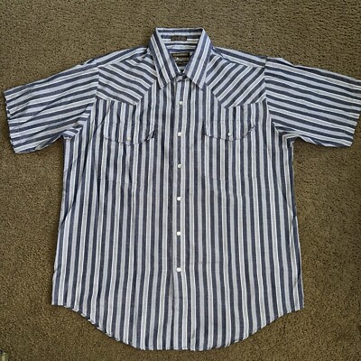 Plainsman Pearl Snap Shirt Mens Large Blue Western Short Sleeve Long Tail Cowboy