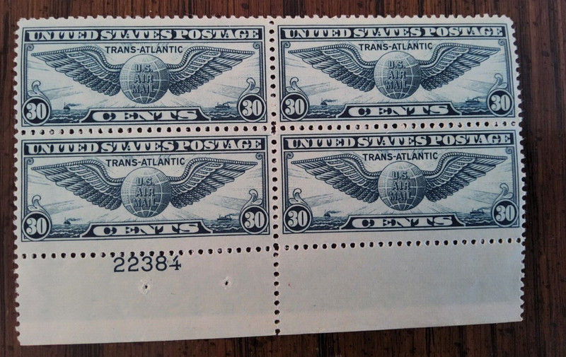 1938 trans- atlantic block plate 0.30 Cent (wing- globe)