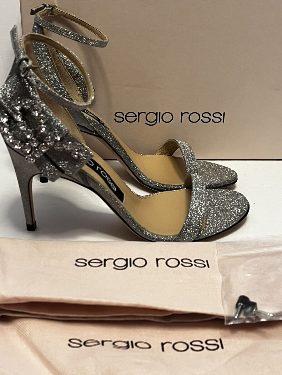 Sergio Rossi Argento Shiny Silver Glitter Gem Logo Strappy Sergio Rossi Argento Shiny Silver Glitter Gem Logo Strappy