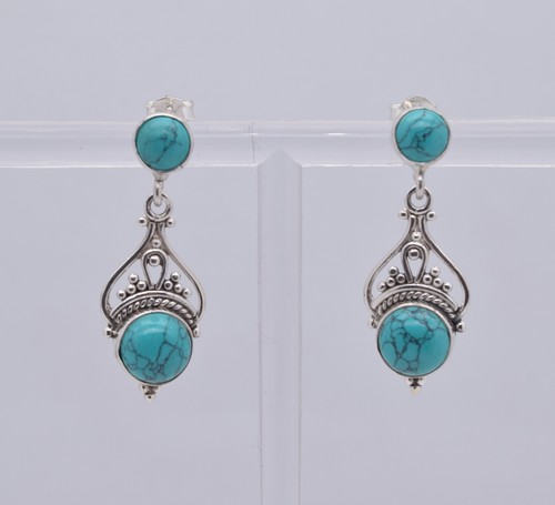 925 Solid Sterling Silver Blue Turquoise Stud Earring-1.5 Inch Q170 - Picture 3 of 4