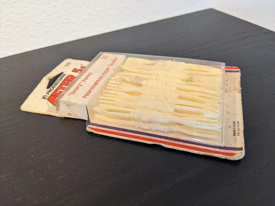 Horquillas de plástico marfil vintage nunca abiertas Phoenixware Israel 1981 Fourchette Foto 3 de 4