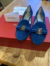 Authentic Salvatore Ferragamo Blue Suede Bow Flats 7 Women's Loafers Italy NIB